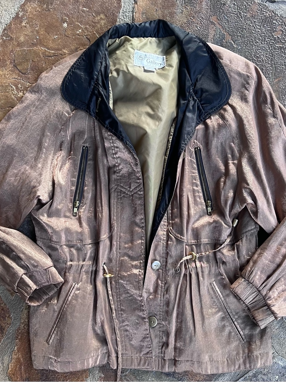 Gallery Shimmery Taupe Brown Jacket with Black Collar Vintage 80’s Feel